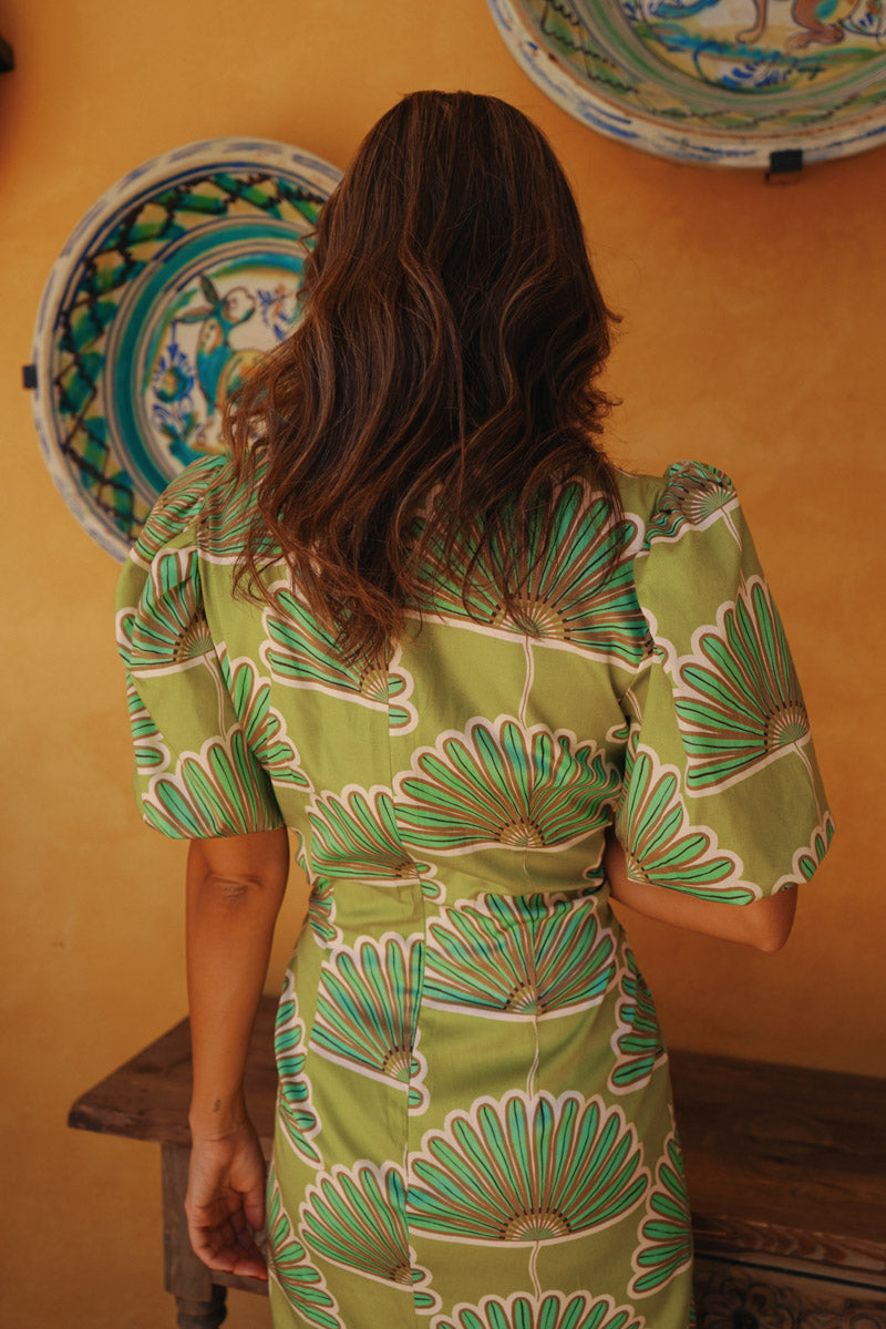 Vestido 625-011 | Estampado Abanicos Verde Lima — ¡Últimas 2 Unidades!