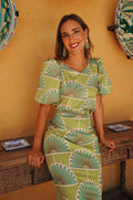 Vestido 625-011 | Estampado Abanicos Verde Lima — ¡Últimas 2 Unidades!