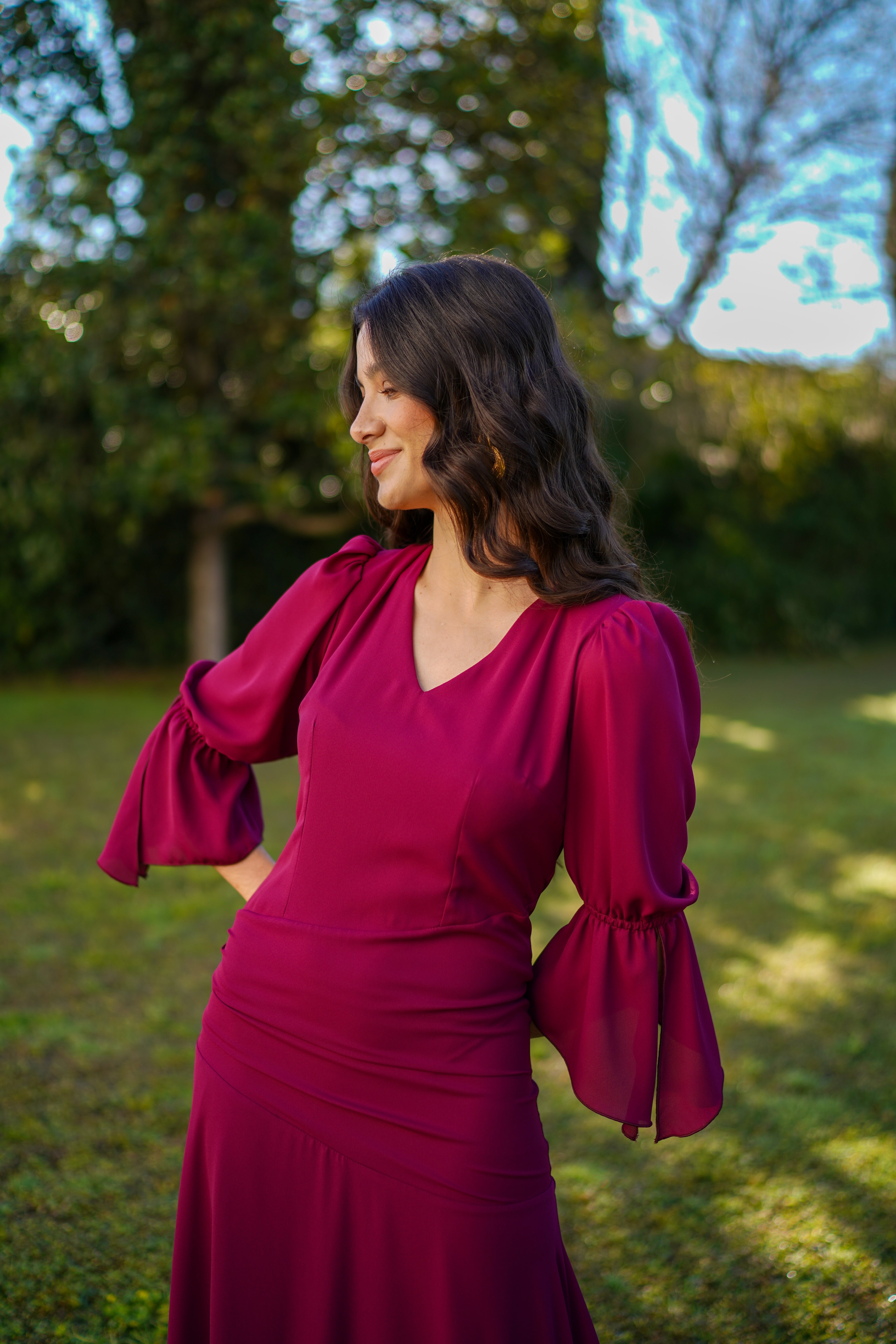 Vestido mangas pico liso