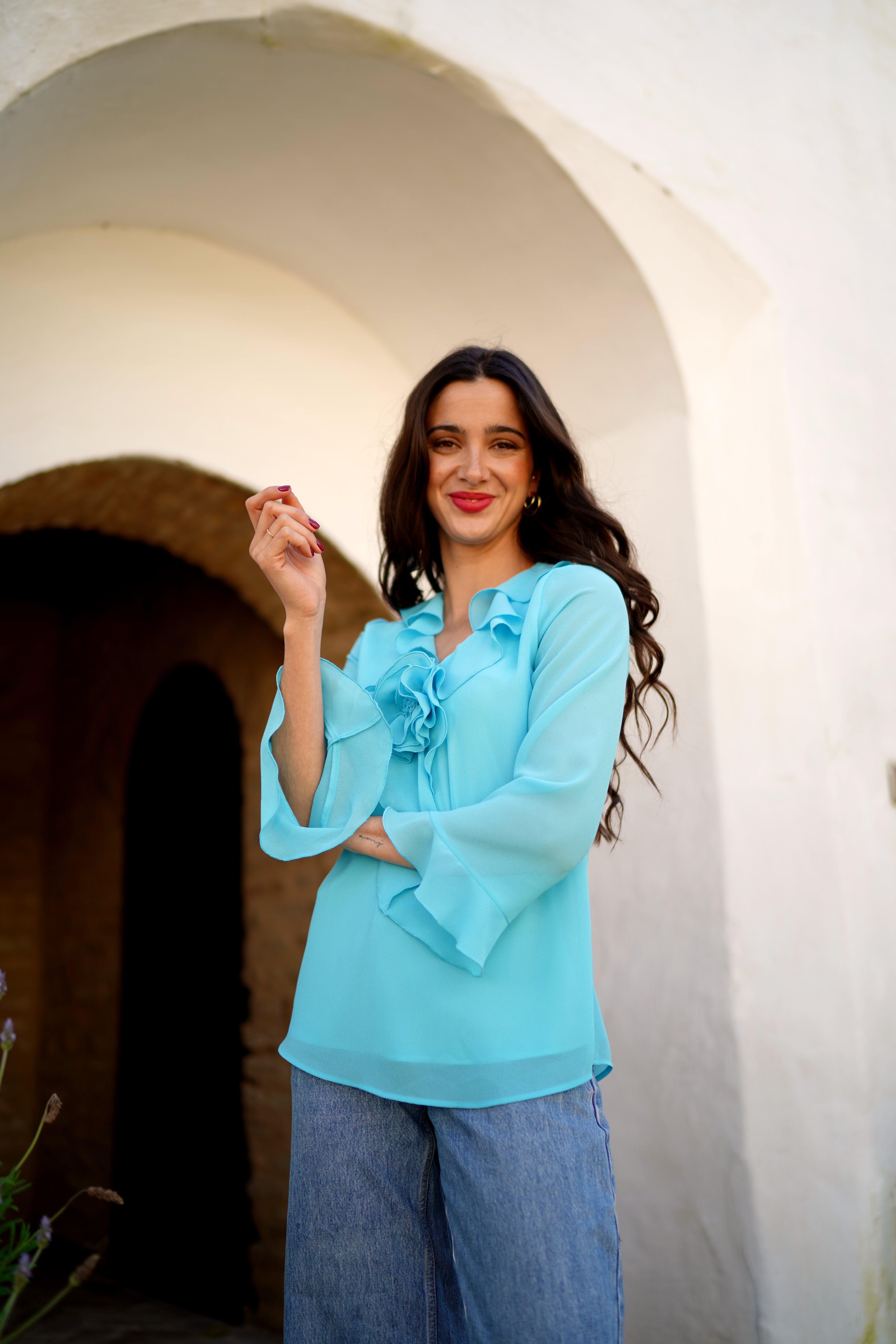 Blusa Volantes Turquesa