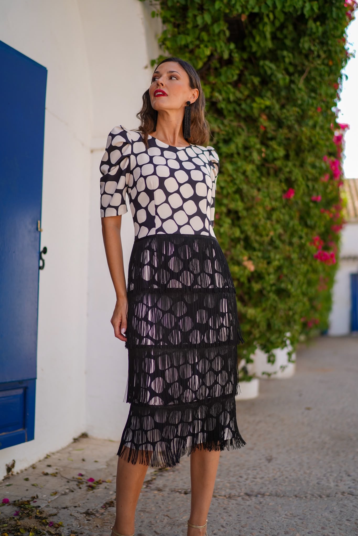 Vestido 626-015 | Lunares y Flecos Negro