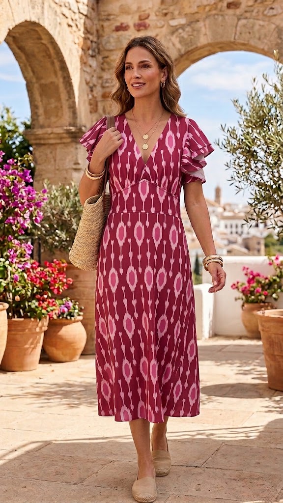 624-054 Vestido midi ikat fucsia