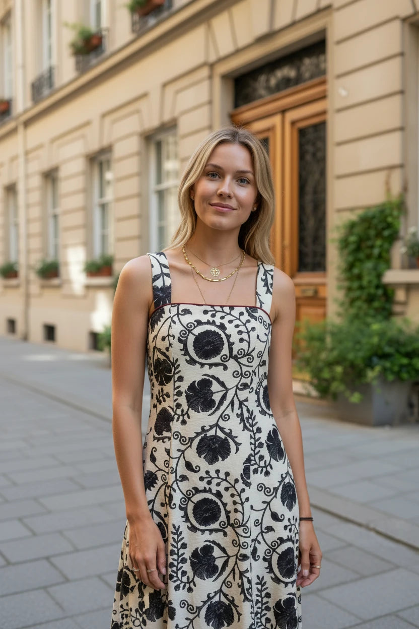 Iciar y Candela by Creasur S.L. vestido maxi blanco y negro con estampado floral y escote cuadrado sin mangas.