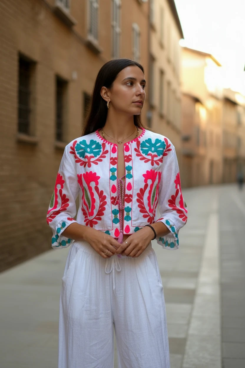 Chaqueta corta blanca de algodón Iciar y Candela by Creasur S.L. con bordados florales fucsia y turquesa, mangas acampanadas y cordón ajustable.
