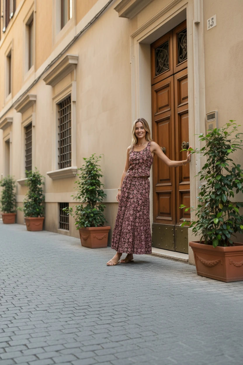 Conjunto de dos piezas de algodón estampado floral en tonos tierra y rosas de Iciar y Candela by Creasur S.L. Top sin mangas y falda larga escalonada.