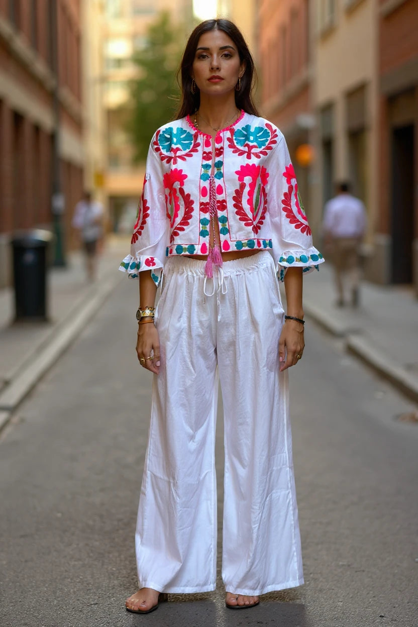 Chaqueta corta blanca de algodón Iciar y Candela by Creasur S.L. con bordados florales fucsia y turquesa, mangas acampanadas y cordón ajustable.