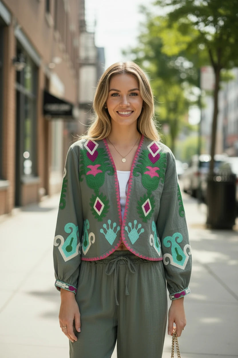 Chaqueta corta verde oliva Iciar y Candela by Creasur S.L. con bordados bohemios en fucsia y turquesa. Mangas abullonadas.